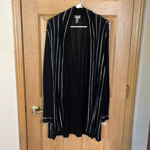 Chico’s Travelers Black Striped Long Sleeve Tunic Cardigan XL - Picture 1 of 7